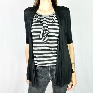 IZ BYER |🐼Black White Striped Faux Layered Mixed Media 1/2 Sleeves Loose Blouse